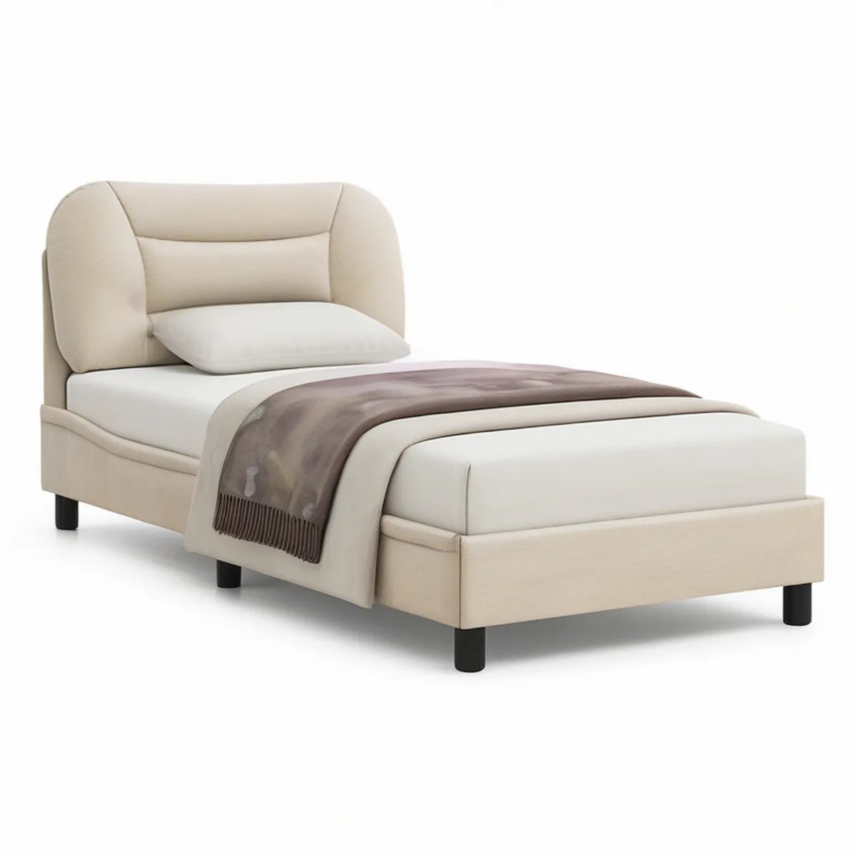 Cama Individual Estofada Bege 90 x 200 cm com Cabeceira Acolchoada e Pés Pretos