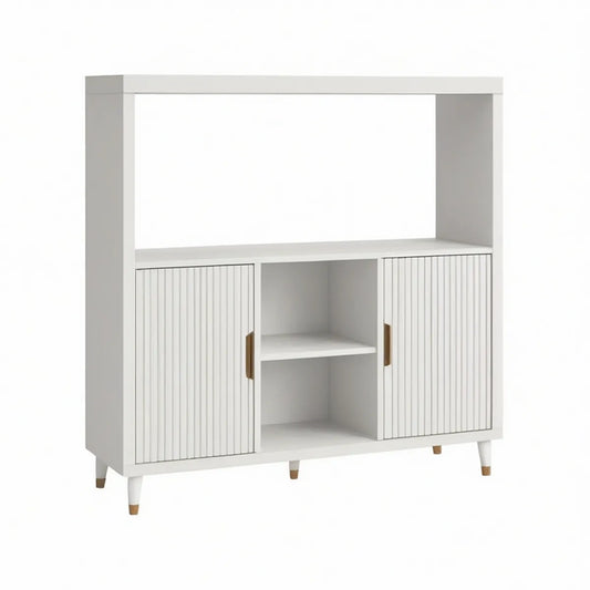 Armário Expositor em MDF Branco e Castanho com 2 Portas Caneladas, 120 x 40 x 180 cm