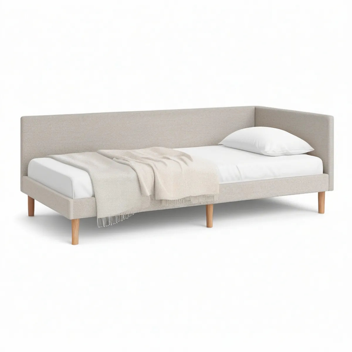 Cama individual estofada bege e castanho-claro para colchão 90 x 200 cm