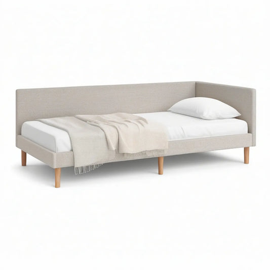Cama individual estofada bege e castanho-claro para colchão 90 x 200 cm