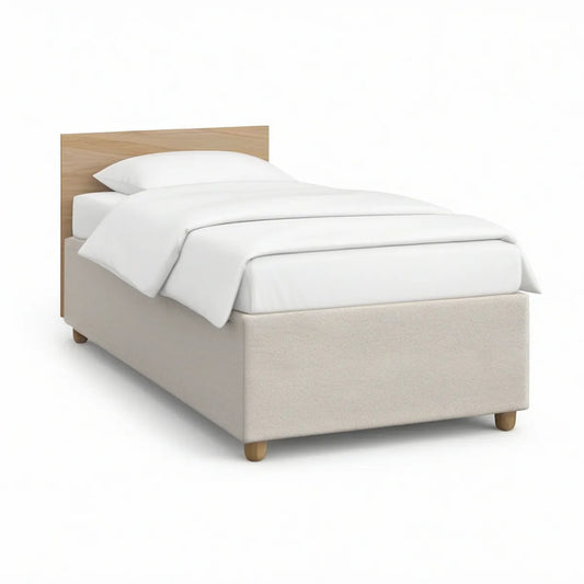 Cama Individual Estofada em Poliéster Bege com Cabeceira em MDF Carvalho Claro, 90 x 200 cm