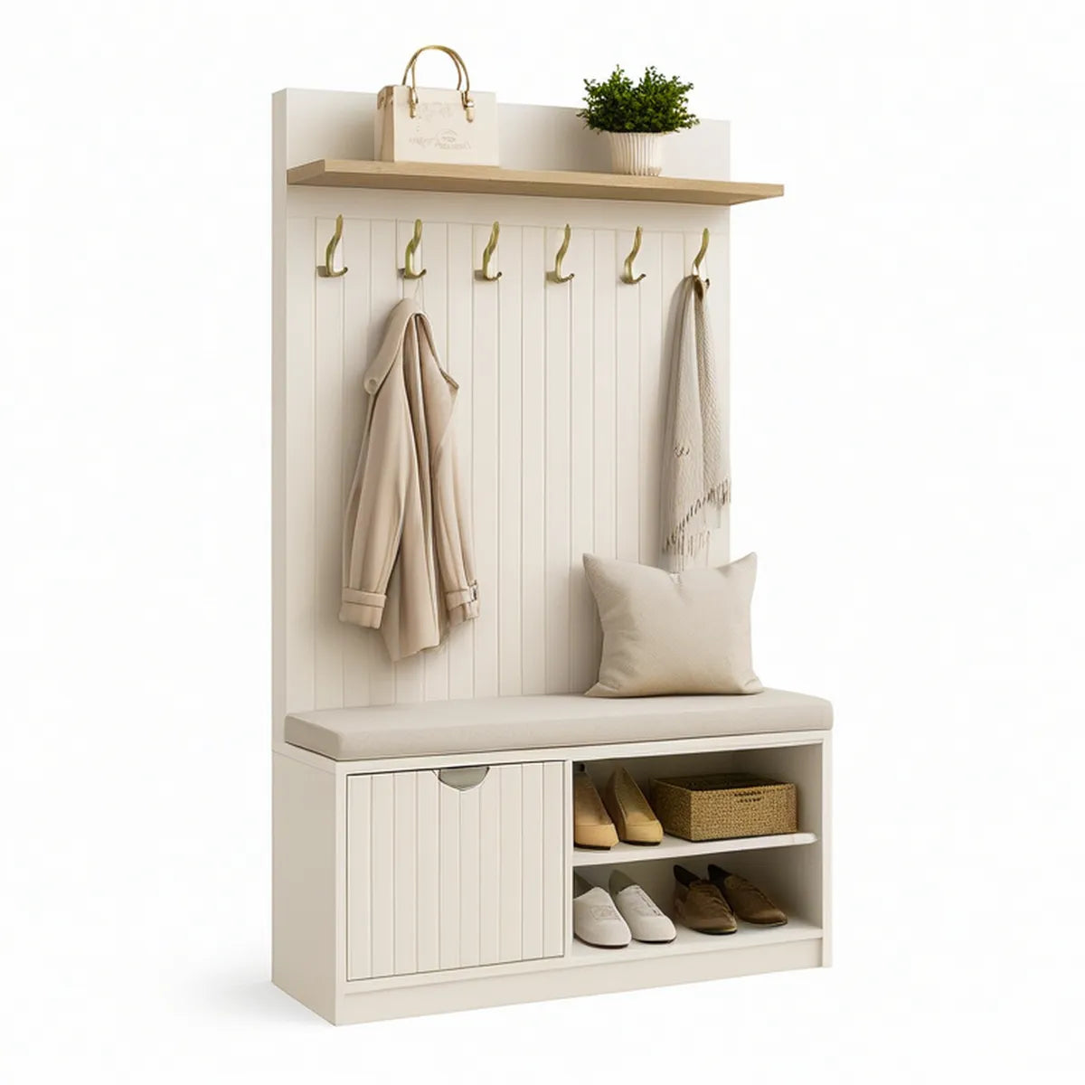 Móvel de Entrada com Banco, Arrumação para Calçado e 6 Ganchos 100 x 35 x 180 cm em Branco, Carvalho Claro e Dourado