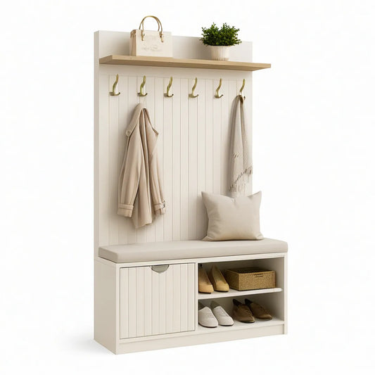 Móvel de Entrada com Banco, Arrumação para Calçado e 6 Ganchos 100 x 35 x 180 cm em Branco, Carvalho Claro e Dourado