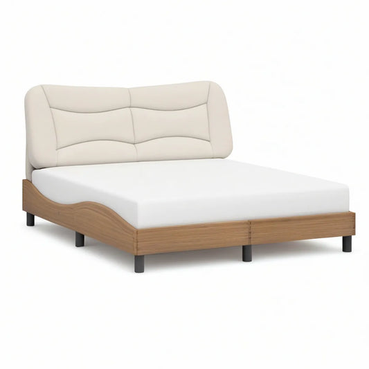 Cama de Casal 160 x 200 cm com Cabeceira Estofada em PU Bege e Estrutura Carvalho