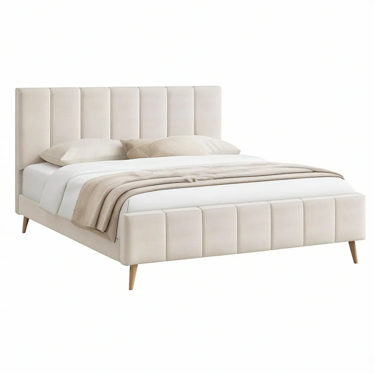 Cama de Casal Estofada Creme 160 x 200 cm com Cabeceira e Peseira Acolchoadas