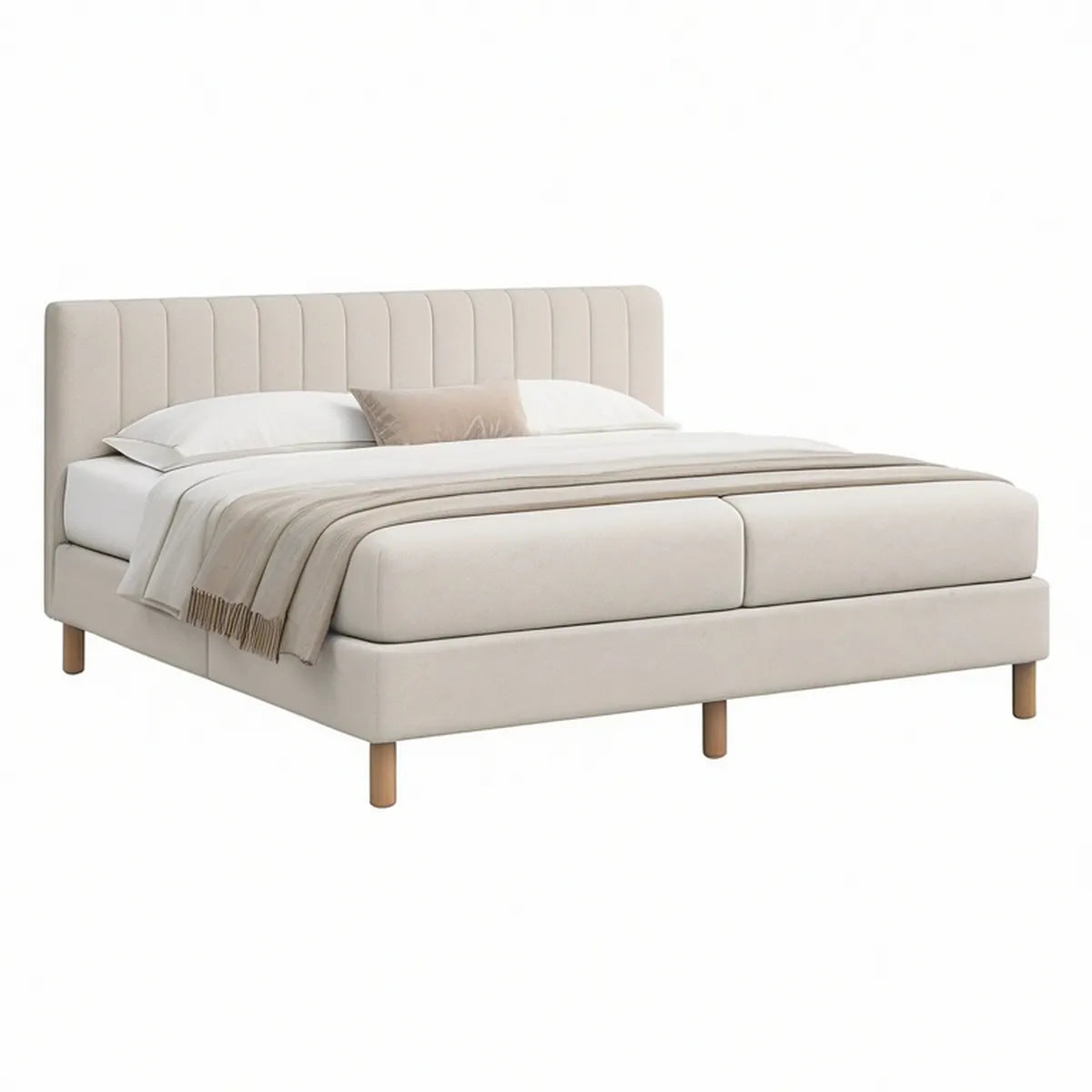 Cama de Casal Estofada 160 x 200 cm em Poliéster Bege com Cabeceira Canelada