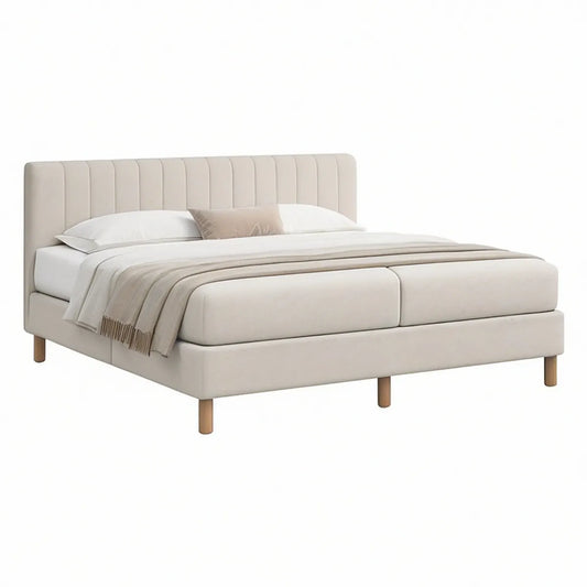 Cama de Casal Estofada 160 x 200 cm em Poliéster Bege com Cabeceira Canelada