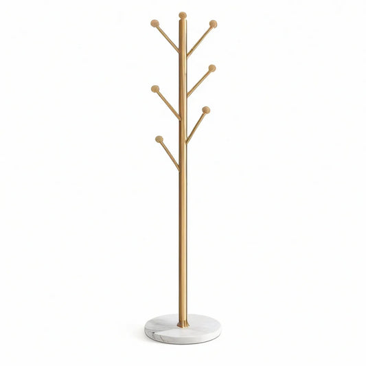 Cabide de Pé Dourado com Base em Mármore Branco, 175 x 35 cm, 7 Ganchos