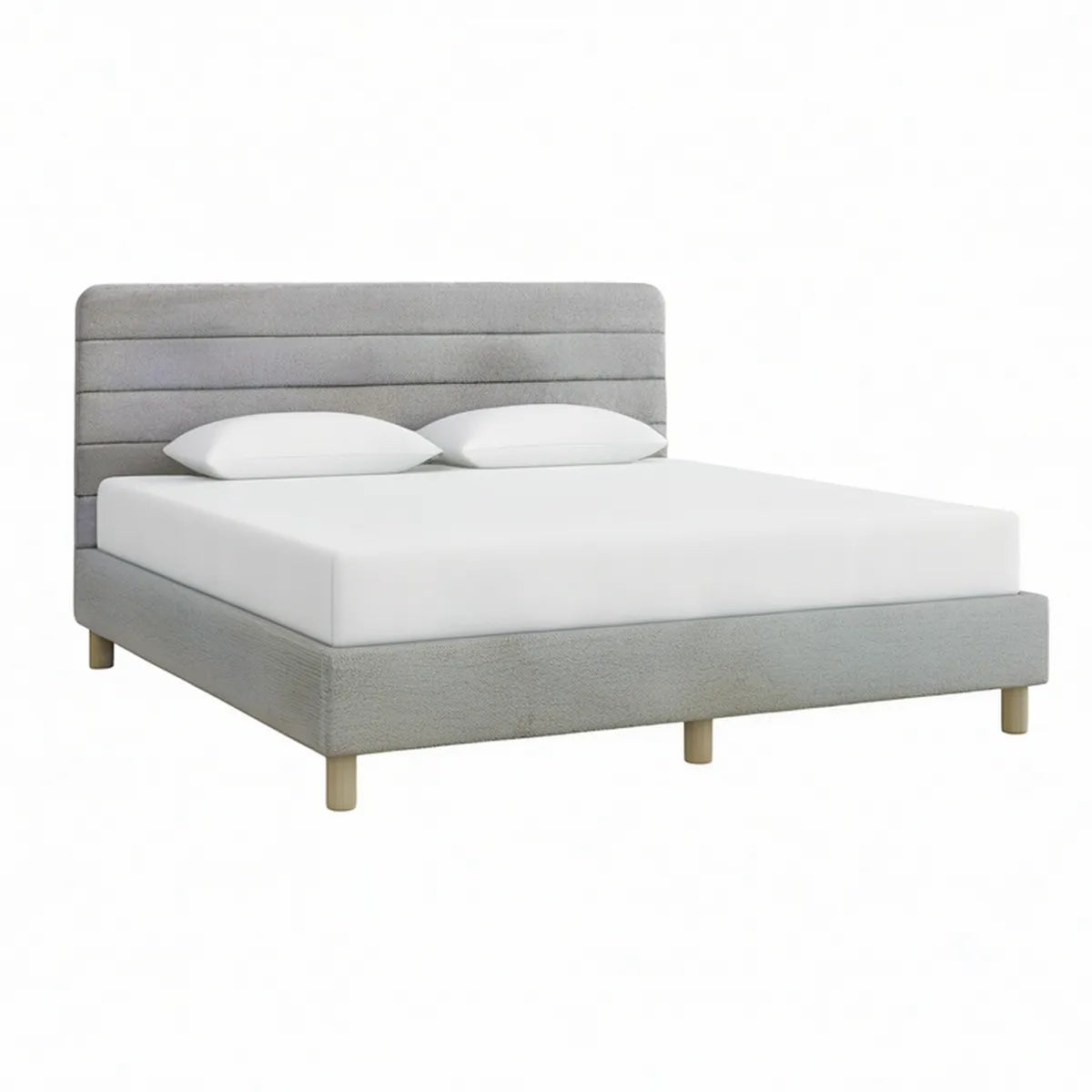 Cama de Casal Estofada Cinzenta e Natural 160 x 200 cm com Cabeceira e Pés em Madeira Maciça