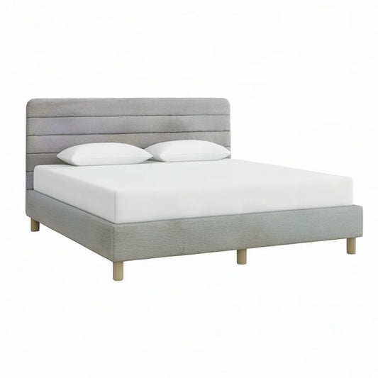 Cama de Casal Estofada Cinzenta e Natural 160 x 200 cm com Cabeceira e Pés em Madeira Maciça