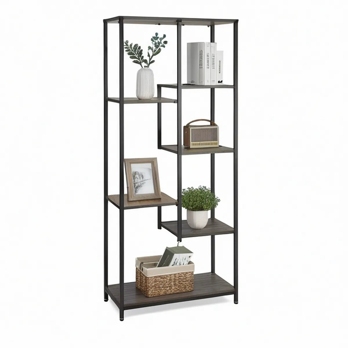Estante de Chão com 6 Prateleiras em MDF e Aço Preto/Castanho-Escuro, 80 x 30 x 180 cm