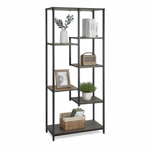 Estante de Chão com 6 Prateleiras em MDF e Aço Preto/Castanho-Escuro, 80 x 30 x 180 cm
