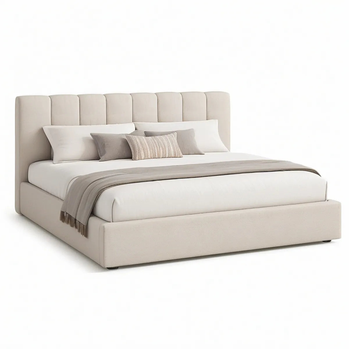 Cama de Casal Estofada Bege 160 x 200 cm com Cabeceira Acolchoada
