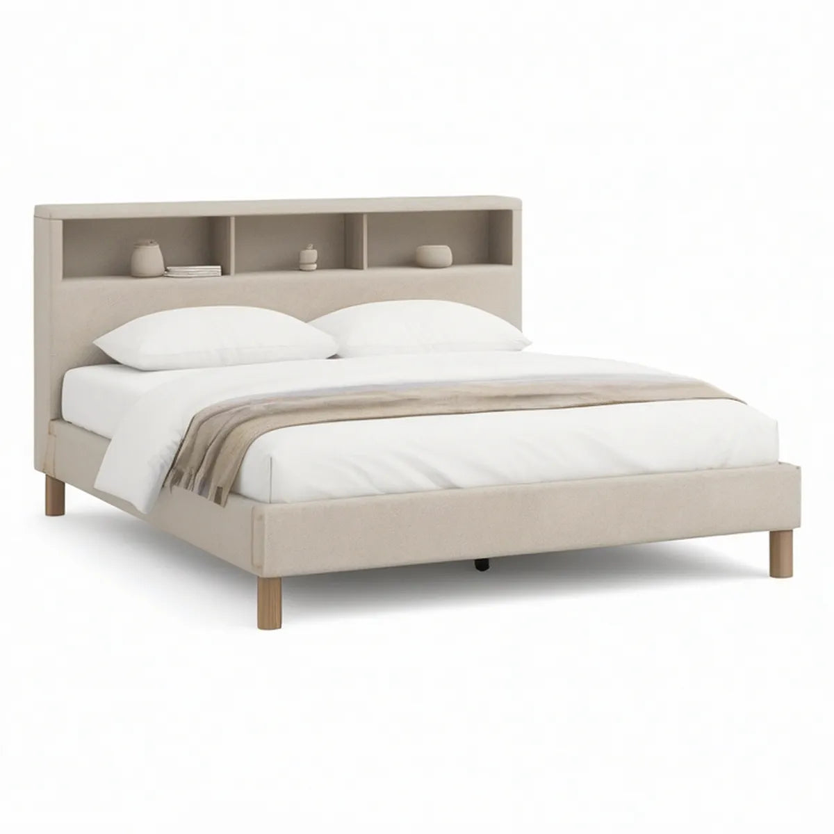 Cama de Casal 160 x 200 cm com Cabeceira de Arrumação em MDF Bege e Castanho-claro