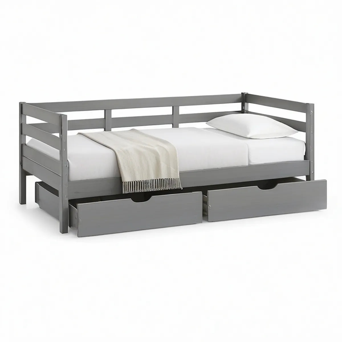 Cama em Pinho Maciço Cinzento com 2 Gavetas, 90 x 190 cm
