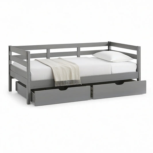 Cama em Pinho Maciço Cinzento com 2 Gavetas, 90 x 190 cm