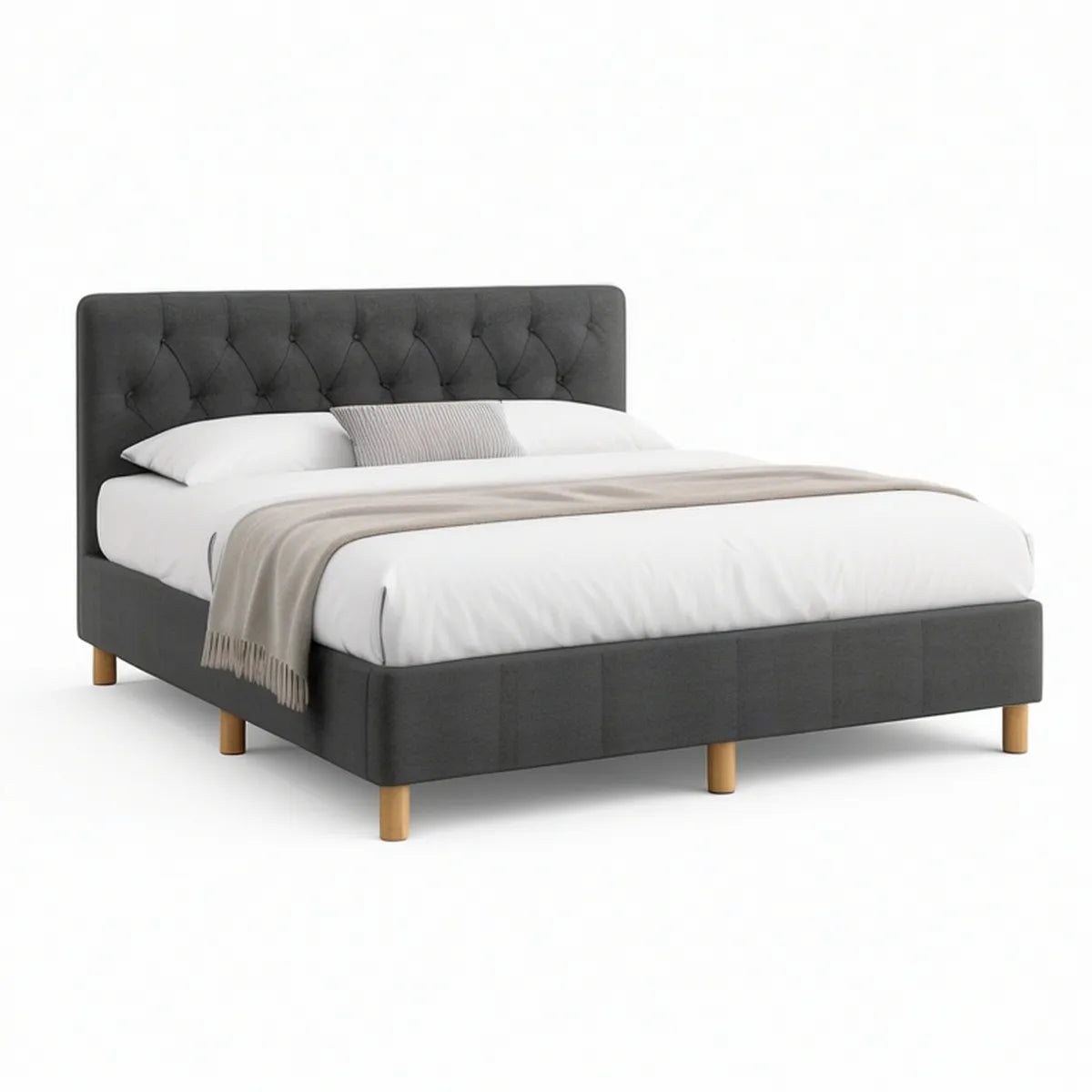 Cama de Casal Estofada 160 x 200 cm em Poliéster Cinzento-Escuro com Estrado de Ripas