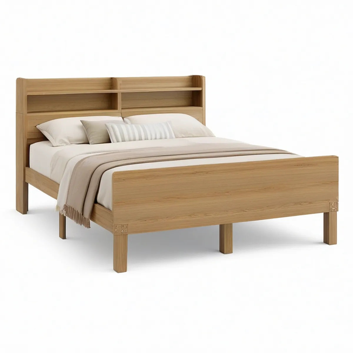 Cama de Casal 160 x 200 cm em Madeira Maciça de Carvalho Natural com Cabeceira e Prateleiras
