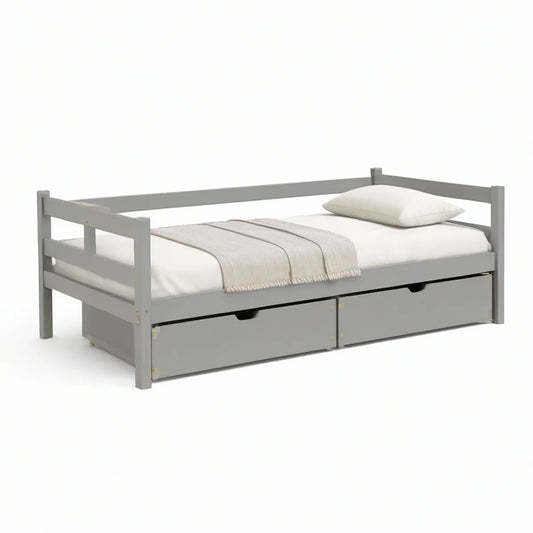 Cama Infantil Individual Cinzenta com Guardas Laterais e 2 Gavetas, 198 x 98 x 72 cm, para Colchão 90 x 190 cm